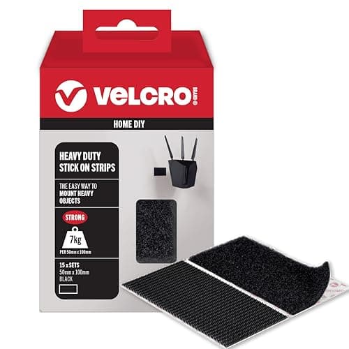 Image of VELCRO Brand | Heavy Duty Stick On Strips | Industrial Strength Double Sided Hook & Loop Self Adhesive Strips Perfect for Room Décor & Home, Office, Garage Use | Black | 50mm x 100mm | Set of 15