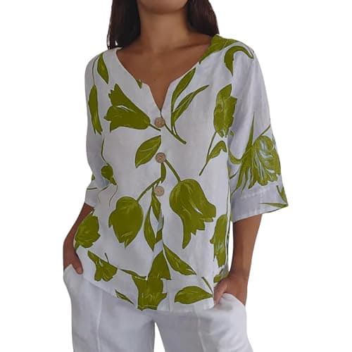 Image of Ladies Linen Tops Black Satin Spring Blouses My Orders Womens Cotton Linen Tshirt Top Summer Casual Gifts Fit Blouse Tunic Floral Print Button Tee Short Sleeve Top (01-C-Green, S)