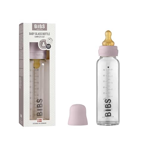 Image of BIBS Baby Glass Bottle. Anti-Colic. Round Natural Rubber Latex Teat. Supports Natural Breastfeeding, 225 ml, Dusky Lilac