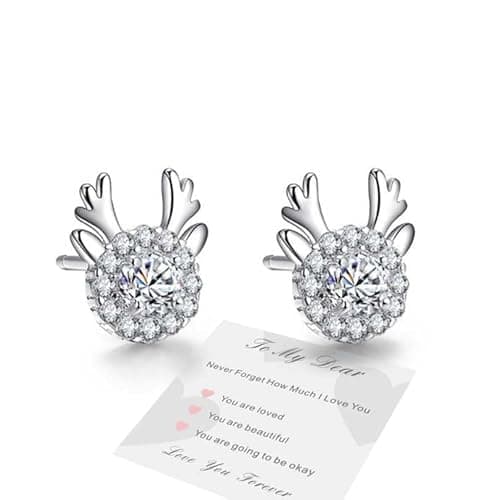 Image of Christmas Stud Earrings for Women, Hypoallergenic S925 Reindeer Studs with Cubic Zirconia Dainty Jewellery Gifts for Her Birthday Anniversary Christmas with Gift Box