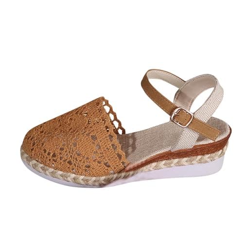 Image of Women's Hessian Wedge Sandals UK Sale Espadrille Slingback Sandal Lace Hollow Out Close Toe Shoes Ankle Strap Summer Walking Shoe Platform Sliders Breathable Slippers Fashion Mid Heels Size 3.5-7.5