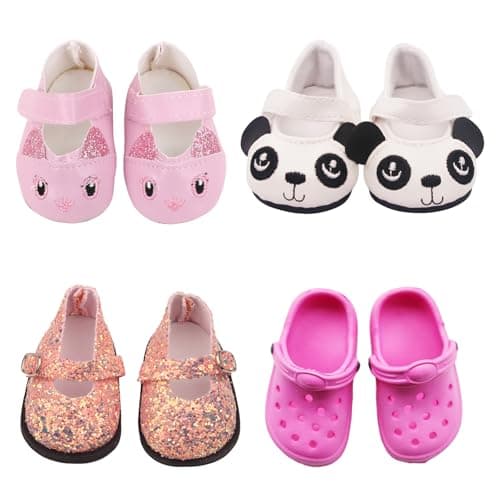 Image of 4 Pairs Doll Shoes for 35–45 cm Dolls, Baby Doll Accessories Includes Orange Sequin shoes, Pink Bunny and Panda Shoes, and Sandals—Colorful Doll Clothes Accessories Gift for Girls
