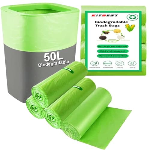 Image of Biodegradable Bin Bags Liner 50L, KITBEST 60PCS Food Waste Bags Trash Bag Large, 13 Gallon Compostable Caddy Liner, Recycled Degradable Rubbish Garbage Bag Kitchen Office Household, Green, 60 x 80cm