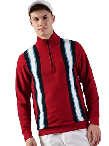Image of Thomas Scott Men's Striped Long Sleeve T Shirt Regular Fit 100% Cotton Stand Collar Zipper Casual T-Shirt, red, M