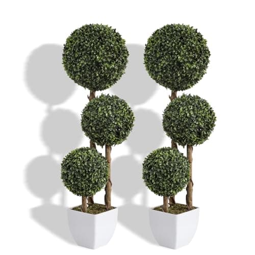 Image of Pair of 90cm Artificial Trio Ball Topiary Trees 2.95ft Fake Boxwood Plant in Pot Outdoor Garden Shrubs with Wood Trunk