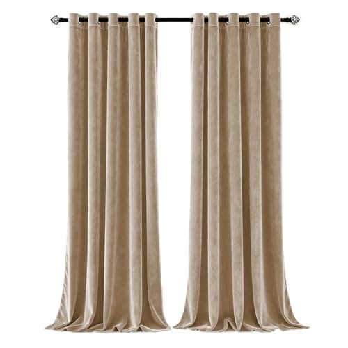 Image of Imperial Rooms Crushed Velvet Curtains 90x90 Drop Eyelet Beige Curtains for Living Room - Fully Lined Ring Top Soft Bedroom Blackout Curtain + 2 Matching Tie Backs (228cm x 228cm)