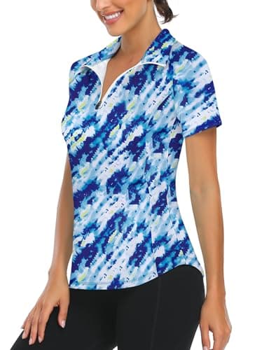 Image of Syphiby Womens 1/4 Zip Running Tops Short Sleeve Sport Gym Top Training Casual Golf Polo Shirts Ladies Workout Top Blue Yellow