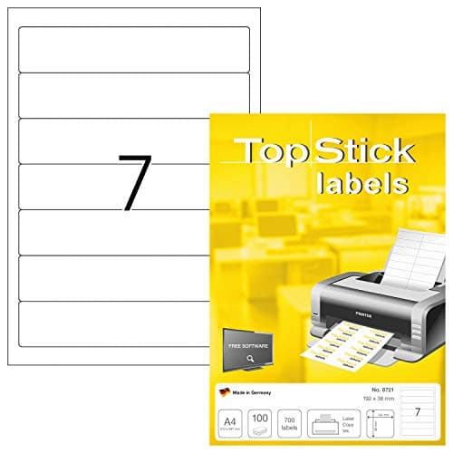 Image of TopStick A4 Lever Arch File Labels 192 x 38 mm Paper 100 Sheets 7 Labels per Sheet 700 Labels for Inkjet and Laser Printers 8721