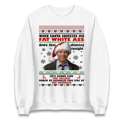 Image of Clark Griswold Funny Christmas Jumper, National Lampoon’s Xmas Sweatshirt, Movie Quote Holiday Knit, Retro 80s Festive Gift White