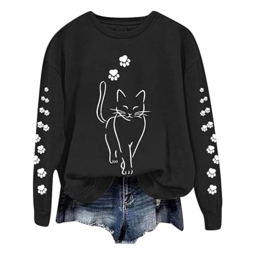 Image of Sweatshirts Women Casual Cute Cat Graphic Printed Long Sleeve Loose Sweatshirts Pullover Sweatshirts Blouse (Black, XL)
