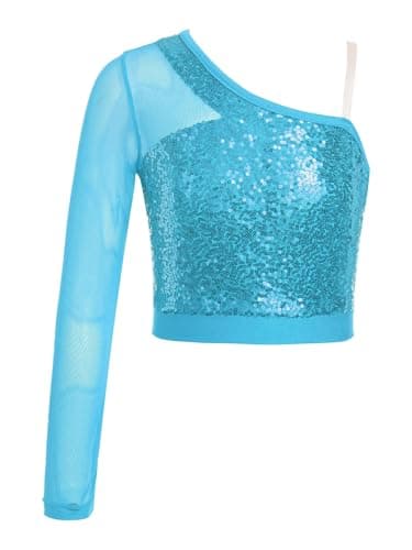 Image of inlzdz Kids Girls Shiny Sequins Dance Crop Tops Long Sleeve One Shoulder T-Shirt Jazz Hip Hop Dance Costume Light Blue 9-10 Years