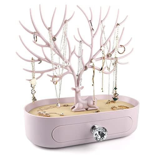 Image of MORE&LESS Antlers Jewelry Display Stand with Drawer and Crystal Handle, Tree Tower Rack Hanging Organizer for Ring Earrings Necklace Bracelet