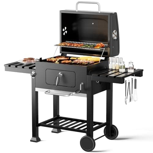 Image of DKIEI BBQ Grill, Outdoor XXL Portable Charcoal Barbecue Grill, Wheels & 2 Folding Table, Thermometer & Adjustable Charcoal Pan, Large Coal Barbeque Grill Smoker for Parties, Patio, Garden Home Cooking