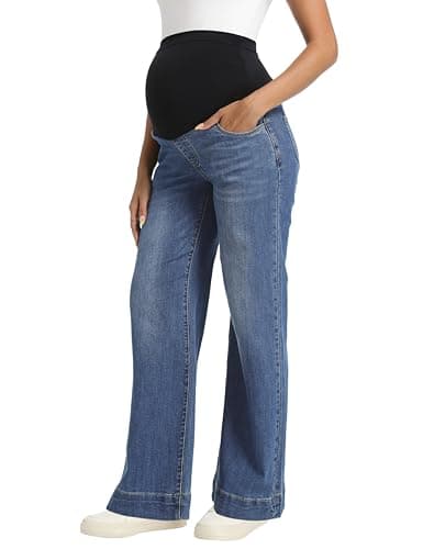 Image of Foucome Women's Maternity Jeans Wide Leg Over Belly Stretchy Baggy Pregnancy Jeans Loose Denim Pants, Dark Blue Medium