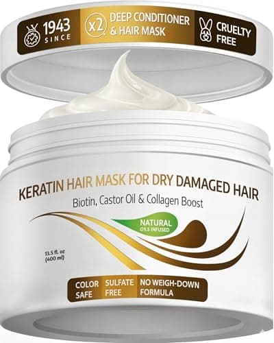 Image of VITAMINS Hair Cosmetics Keratin Hair Mask for Damaged Hair - Protein Keratin Treatment Deep Conditioner for Dry Locks - Collagen Biotin & Castor Oil Repair Dryness & Enhance Shine - 400 ML