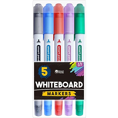 Image of Smart Panda 5 Whiteboard Markers Dual Tip Wipeable Pens, Medium and Fine – Dry Wipe Markers, Perfect for Home, School or Office - 5 Set