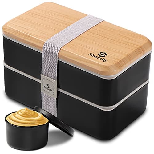 Image of Sinnsally 1400ML Bento Box Lunch Boxes, Stackable Bento Lunch Box for Adults,Leak-Proof Lunch Container with Compartments,Japanese Style Lunchbox with Sauce Pot Cutlery Set,Microwaveable Safe