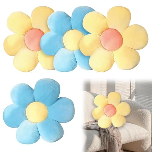 Image of Rthynti Flower Pillow, Daisy Cushion, 4PCS Flower Cushion, Flower Shaped Throw Pillow Decorative for Car Home Sofa Chair and Floor (Blue, Yellow)