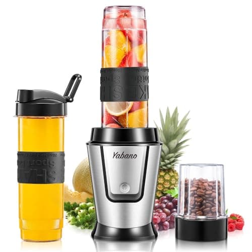 Image of Yabano Personal Blender, 500W Electric Shake Bottle with 2 x 600 ml Travel Bottle and Coffee/Spices Jar, Portable Shaker Cups for Protein Shakes, Single Serve Blender for Shakes and Smoothies, Sports