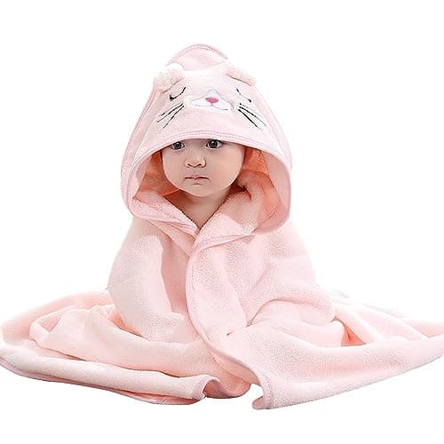 Image of HiABsee Baby Towels with Hood - Ultra Soft Hooded Baby Bath Towels for Newborns, Unique Animal Design - Pink Cat