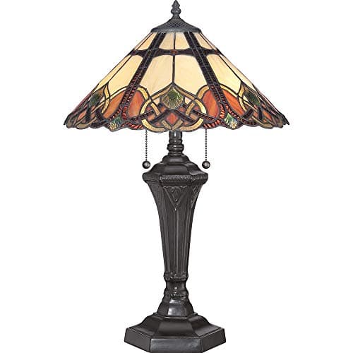 Image of 2 Bulb Table Lamp - Tiffany Style Coloured Glass - Patterned Stem Pull Cord On/Off Switch - Vintage Bronze Base - LED E27 75W Bulb