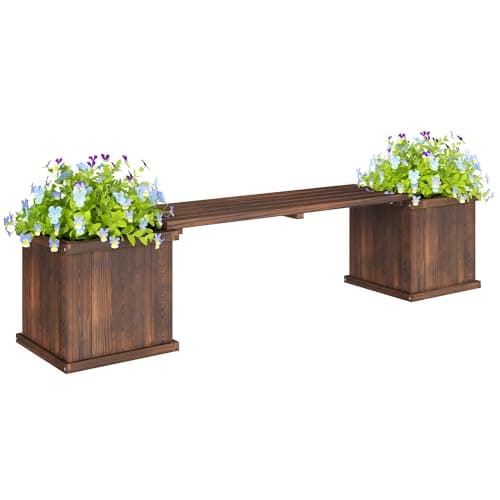 Image of Outsunny Wooden Garden Planter & Bench Combination Garden Raised Bed Patio Park Carbonised Finish 176 x 38 x 40 cm