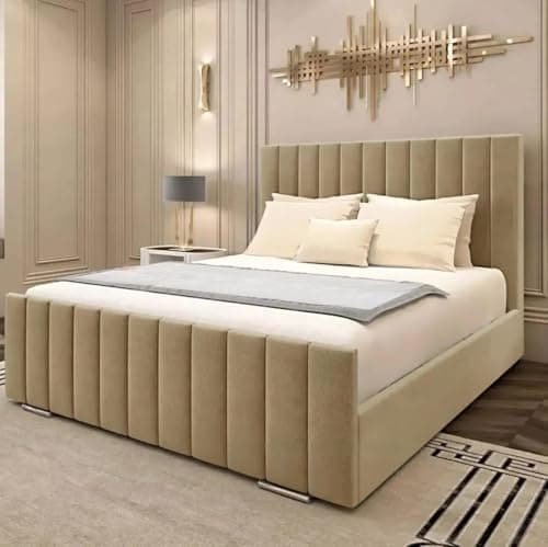 Image of AL SULTAN 5FT King Luxury Upholstered BedFrame Only With 48" Headboard In Plush Velvet Beige Bed Wooden Slats - No Mattress - No Storage (Beige Plush, 5FT King Bed Frame Only)