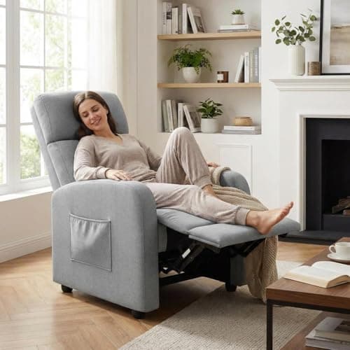 Image of Recliner Armchair, Linen Push Back Reclining Chair with Padded Armrests & Adjustable Leg Rest, High Back Manual Single Sofa with Side Pocket for Living Room, Lounge & Home Cinema - Light Grey