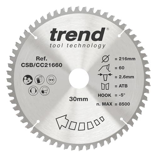Image of Trend Wood Mitre Saw Blade, 216mm Diameter, 30mm Bore, 60 Teeth, 2.6mm Kerf, -5° Hook, TCT, Extra-Fine Finish, CSB/CC21660