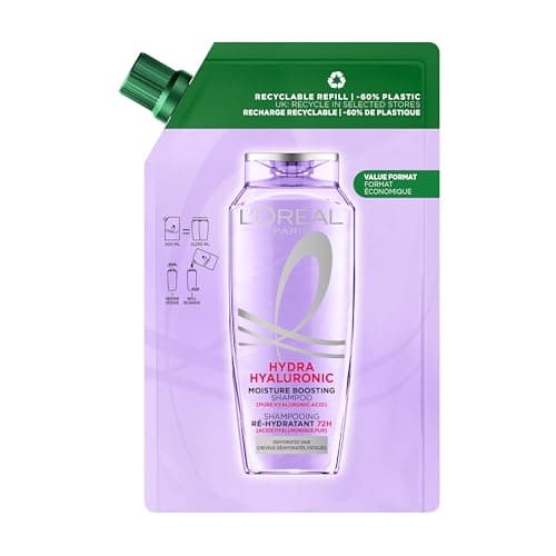 Image of L’Oréal Paris Elvive Hydra Hyaluronic Moisture Boosting Shampoo Refill Pouch, with Hyaluronic Acid, for Dry & Dehydrated Hair, Suitable for all hair textures, -60% plastic, Value format, 500ml