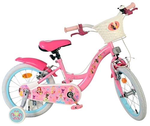 Image of Volare Disney Princess Pink Kids Bike | Ages 4-6 | 16 Inch Wheel | 2 Handbrakes (Front & Back Wheel), Removable Stabilisers & Pedal Reflectors | Adjustable Height | Handlebar Basket | Gift for Girls
