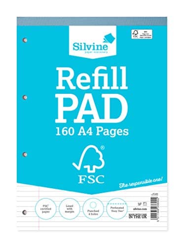 Image of Silvine A4 Everyday FSC Refill Pad. Lined with Margin, 160 Pages of FSC Certified Paper. Ref FSCRP80 [Pack of 5], White