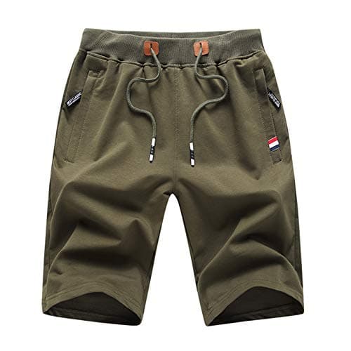 Image of JustSun Mens Shorts Casual Sports Joggers Shorts with Elastic Waist Zipper Pockets Army Green UK X-Large