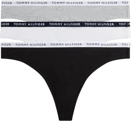Image of Tommy Hilfiger Women's 3 Pack Thongs, Multicolor (Medium Grey Heather/White/Black), M