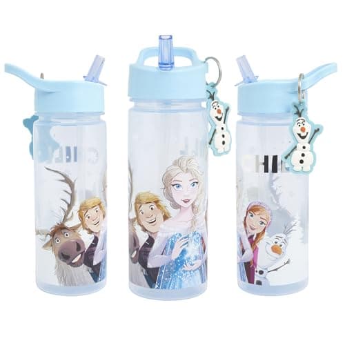 Image of Disney Frozen 500ml Kids Water Bottles with Straw by Polar Gear - Frozen Gifts - Back to School Supplies Girls Water Bottle - Frozen Water Bottle For Girls with Charm Featuring Olaf, Elsa and Anna
