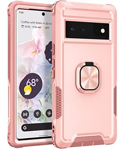 Image of Unichthy Hybrid Case for Google Pixel 6 with Finger Ring Holder Full-Body Rugged Shockproof Heavy Duty Advanced Protective Cover Kickstand Bumper Phone Case for Google Pixel 6 Rose Gold