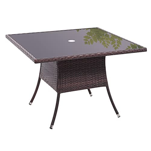 Image of The Fellie Patio Table Garden Rattan Table Tempered Glass Tabletop 105cm Square Coffee Tables Outdoor Bistro Tables with Umbrella Hole,Brown