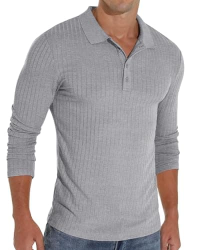 Image of Sailwind Polo Shirts for Men Long Sleeve Tshirts Slim Fit Casual Shirts Classic Stretch Tops Golf Tee (Grey, M)