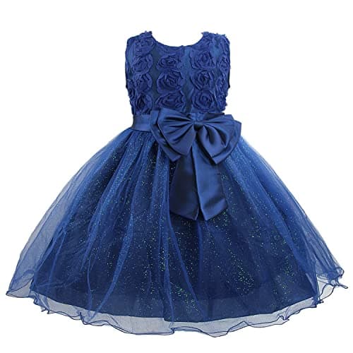 Image of Discoball Girl Dress Princess Party Clothing Holiday Girls Dresses, 3D Rose Flower, Bow Sequins Tulle Dress Up for Kids Birthday Travel and Special Occasions Navy Blue