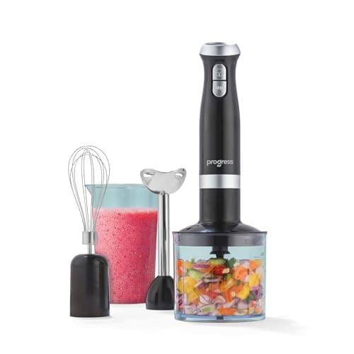 Image of Progress 3 in 1 Blender Set – 500ml Chopping Bowl, 2 Speed Settings, 700ml Storage Beaker, 700W, Stainless Steel Blending Rod & Blade, Whisk Attachment, Whisp/Blend/Chop, Food Processor, Black