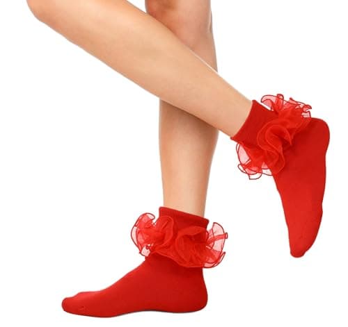 Image of ValueBargain Red Socks, Red Frilly Socks for Women and Girls, Double Lace Turn Cuff for Daily Wear & Christmas Dresses