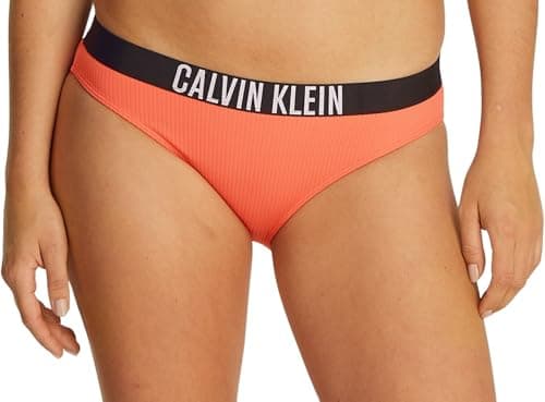 Image of Calvin Klein Women’s Bikini Bottoms with Logo Waistband, Orange (Dazzling Coral), M