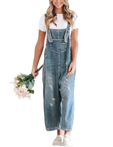 Image of Sukany Women's Vintage Casual Denim Jean Overalls Loose Distressed Bib Dungarees Adjustable Baggy Harem Romper Jumpsuit Pants (Dark Blue,S)