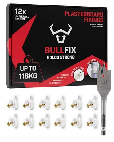 Image of Bullfix Universal Plasterboard Fixings Heavy Duty - 12 Pack, Drywall Anchor for Dot & Dab, Stud & Hollow Cavity, Wall Anchor Kit with Screws, Holds Up To 116kg, 20mm Drill Bit