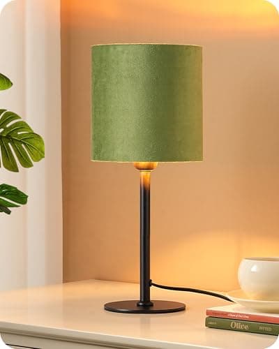 Image of EDISHINE Bedside Table Lamp, Green Velvet Lampshade, 15 Inch Small Table Lamp for Living Room, Modern Nightstand Lamps for Bedroom, Black Metal Base, 4W E27 2700K LED Bulb Included