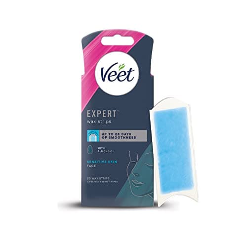 Image of Veet Expert Waxing Strips for Sensitive Skin - 20 Cold Wax Strips & 4 Finish Wipes for Eyebrow, Facial Hair Removal - Hydrating, Exfoliating, Ideal for Face