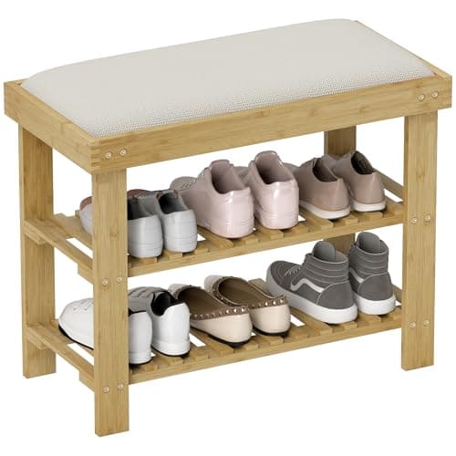 Image of HOMCOM Bamboo Shoe Storage Bench, 3-Tier Shoe Bench with Seat Cushion, Shoe Rack for Entryway, Hallway, Living Room, Bedroom, Cream White
