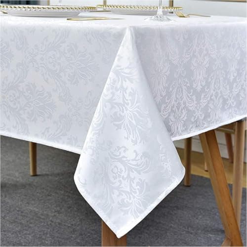 Image of Rectangle Tablecloth -132 x 182CM White Damask Table Cloth Jacquard Design Spill Proof Wrinkle Resistant Waterproof Soft Polyester Oblong Table Cover for Kitchen Parties Tabletop