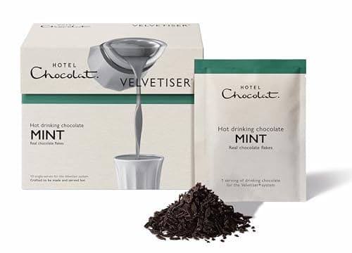 Image of Hotel Chocolat Mint Hot Chocolate Sachets - Luxury Chocolate Flakes - Pack of 10 Single-Serve Sachets, 310g - Suitable for Vegetarians & Vegans