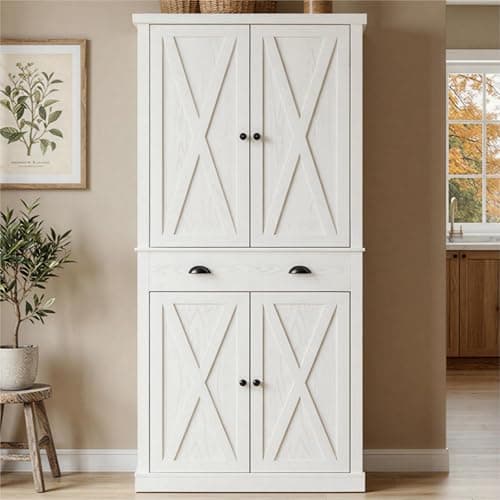 Image of IRONCK Tall Kitchen Pantry Cupboard with Barn Doors, 184.5cm Large Freestanding Storage Cabinet with Drawer & 3 Adjustable Shelves, Wooden Larder Unit for Dining Room & Living Room, White